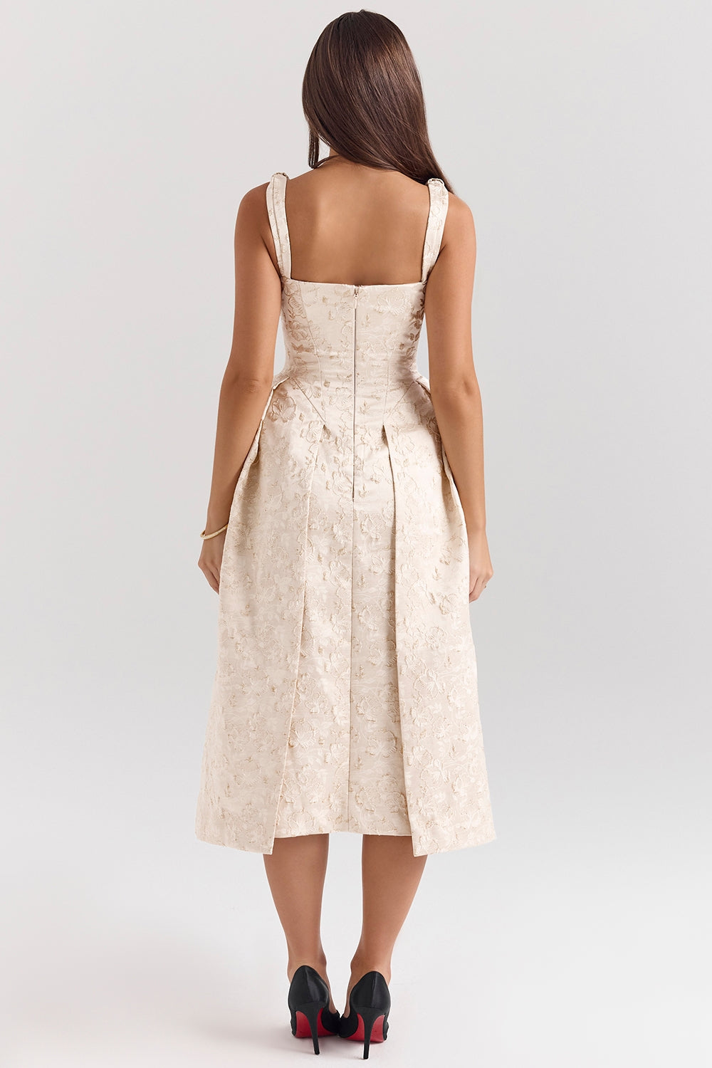 Floral Jacquard Deep V-Neck Sleeveless Pleated Midi Dress 6