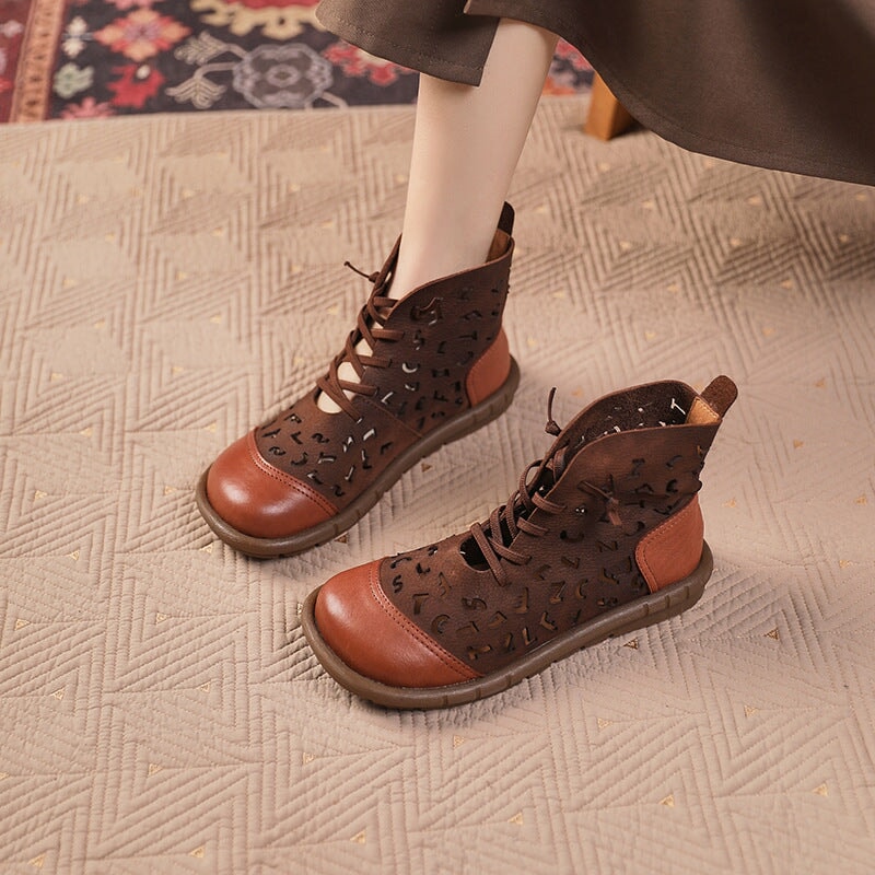 Breathable Perforated Short Boots Cut Out Summer Boots in Khaki/Coffee