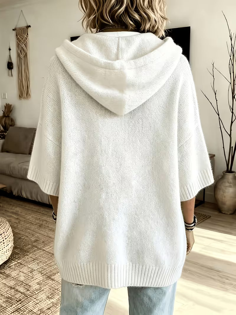 Hooded Drawstring Oversized Knit Poncho Sweater