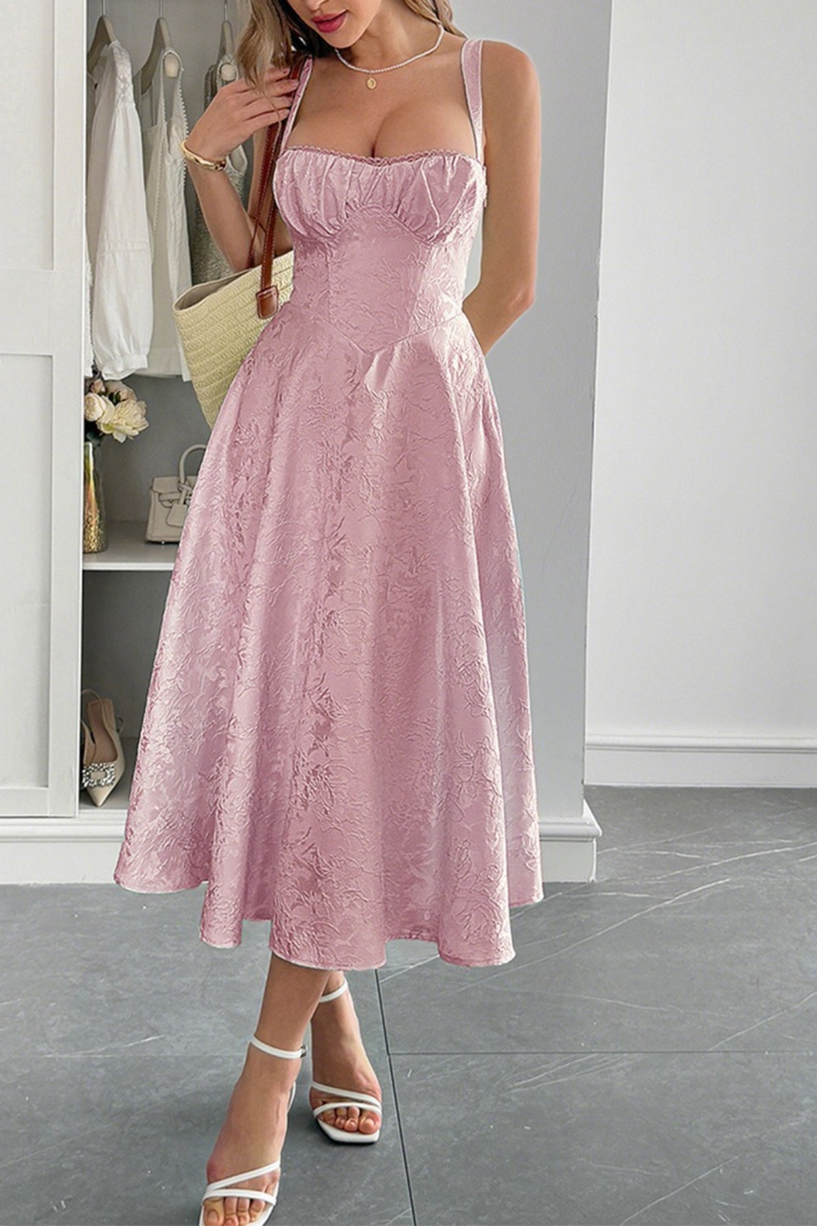 Spaghetti Strap Jacquard Maxi Formal Dress