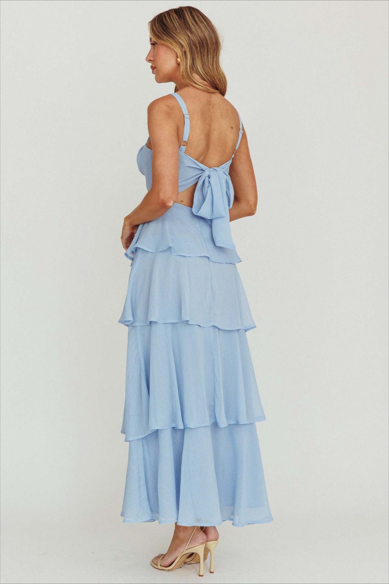Spaghetti Strap Tiered Ruffle Backless Chiffon Maxi Dress