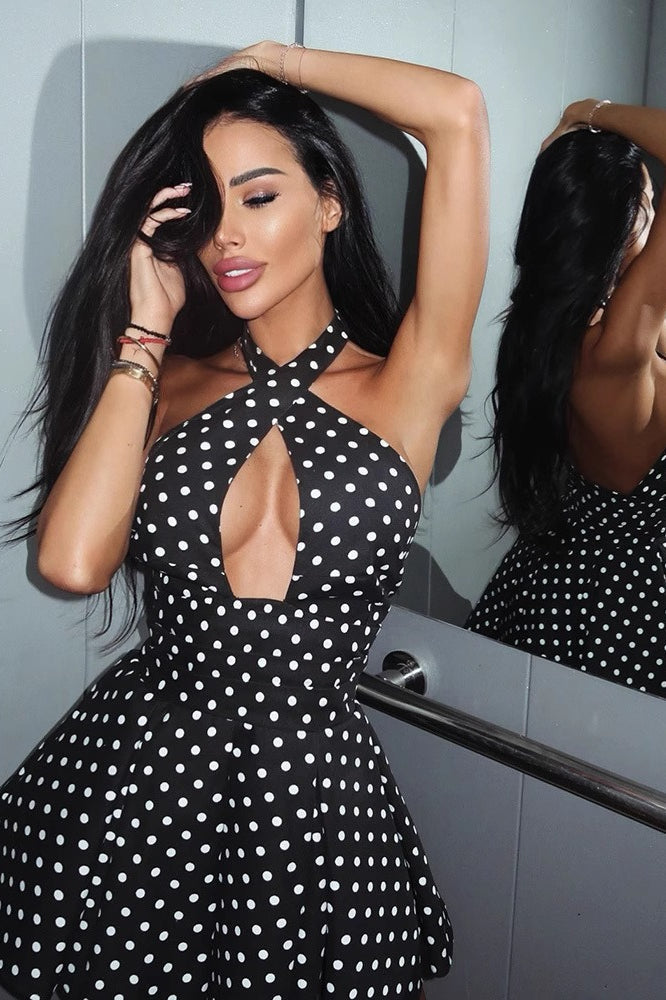 Polka Dot Halter Backless Bodycon Mini Dress