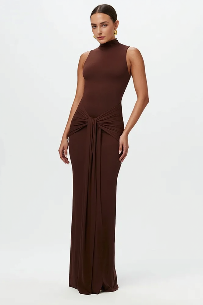 Solid Crew Neck Sleeveless Tie Bodycon Party Dress