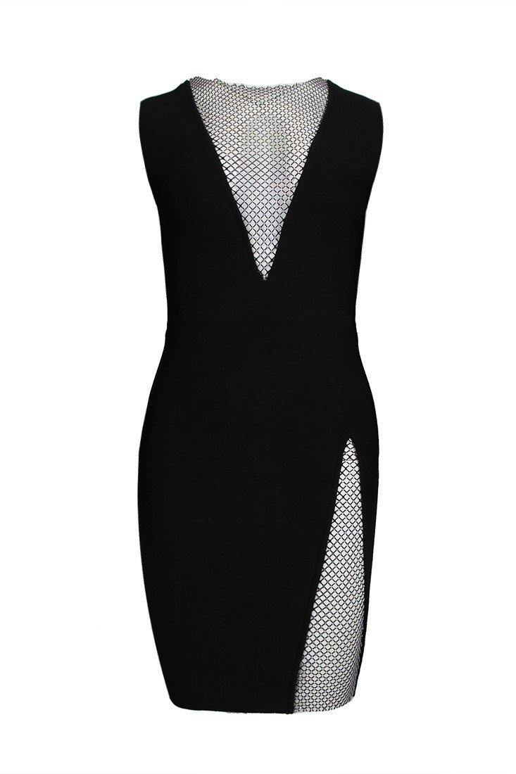 Rhinestone Mesh Mock Neck Plunge Cut Out High Split Bodycon Cocktail Mini Dress