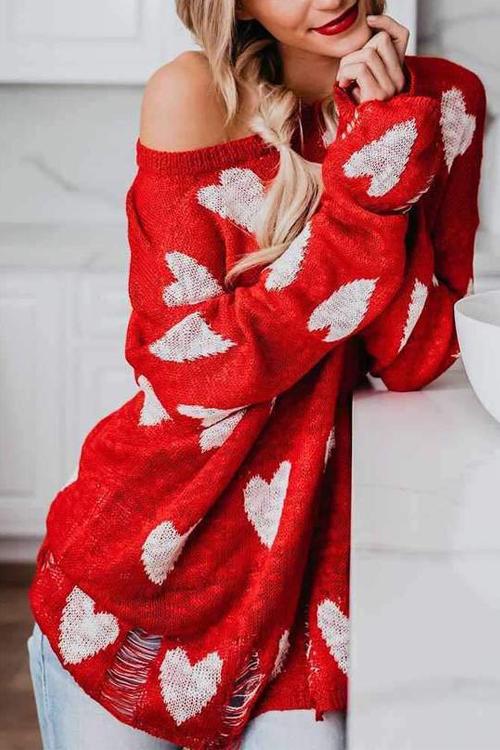 Heart Print Off Shoulder Sweater