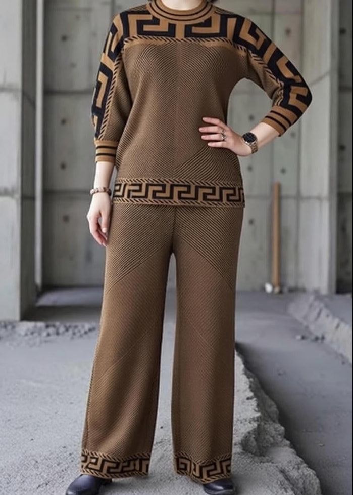 Greek Key Print Mock Neck Top and Wide Leg Pants Two Piece Set