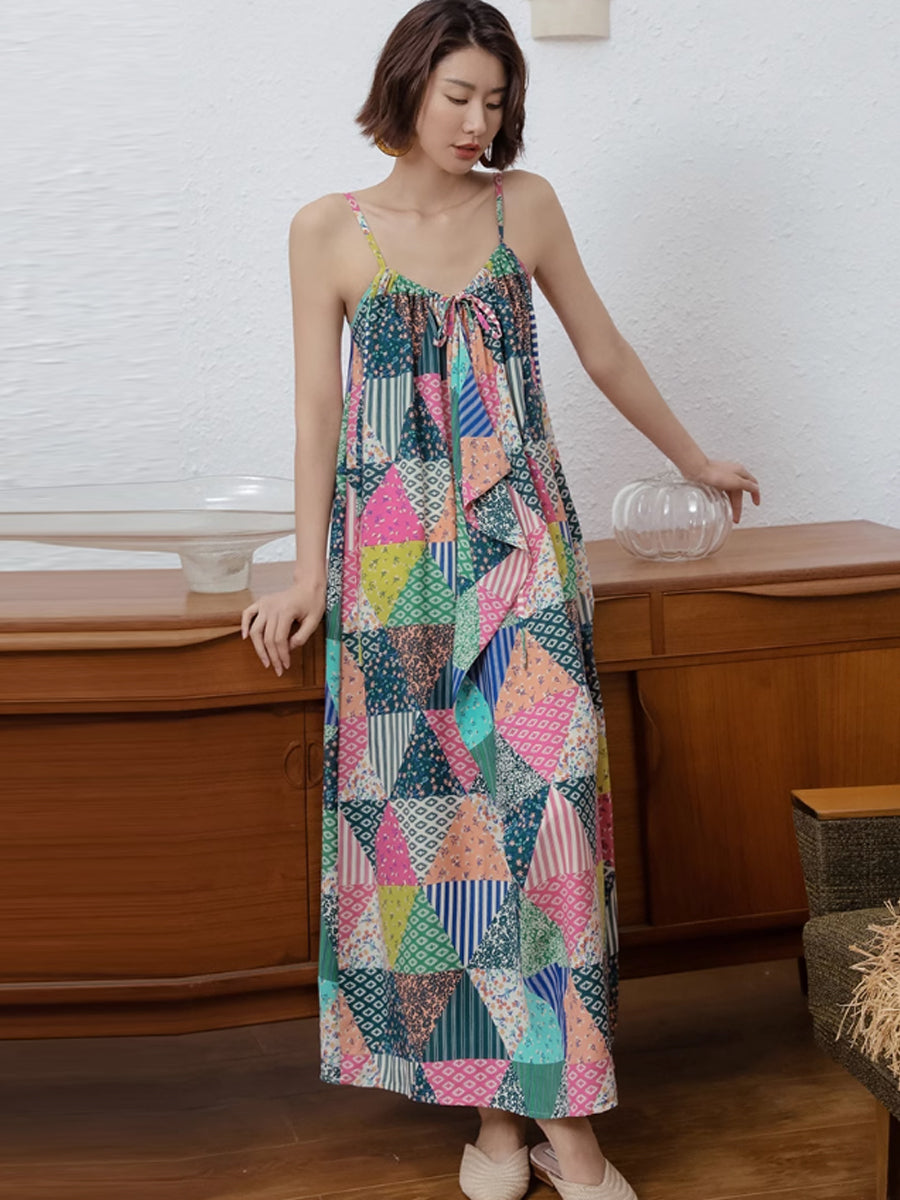 Spaghetti Strap V-Neck Patchwork Triangle Print Ruffle Flowy Maxi Dress