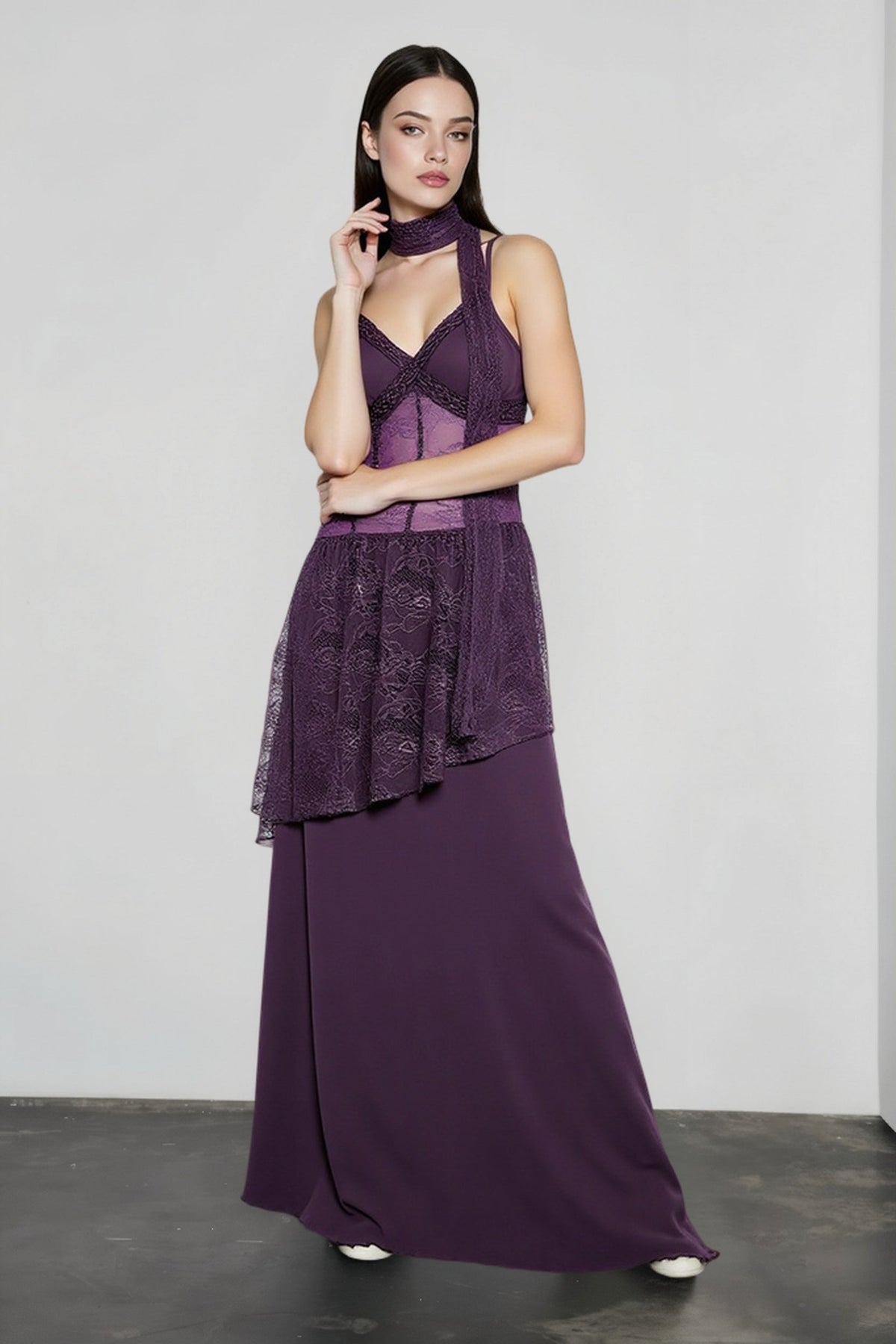 V-Neck Sheer Lace Asymmetric Peplum Scarf Neck Maxi Dress 8