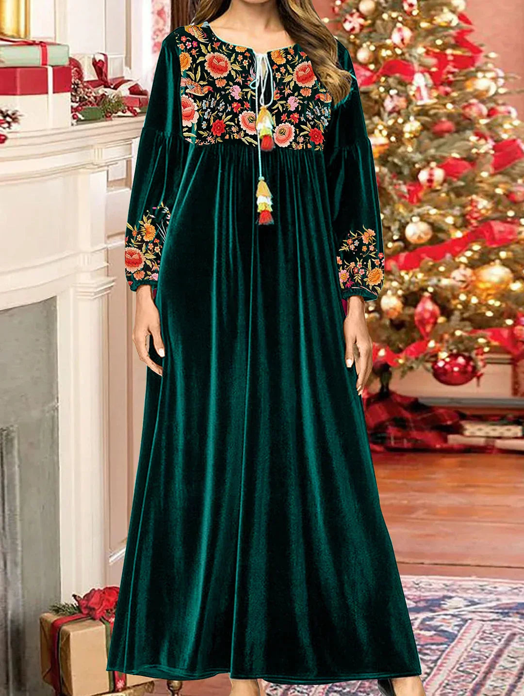 Flower Printed Panel Tassel Velvet Maxi Dress - View 2