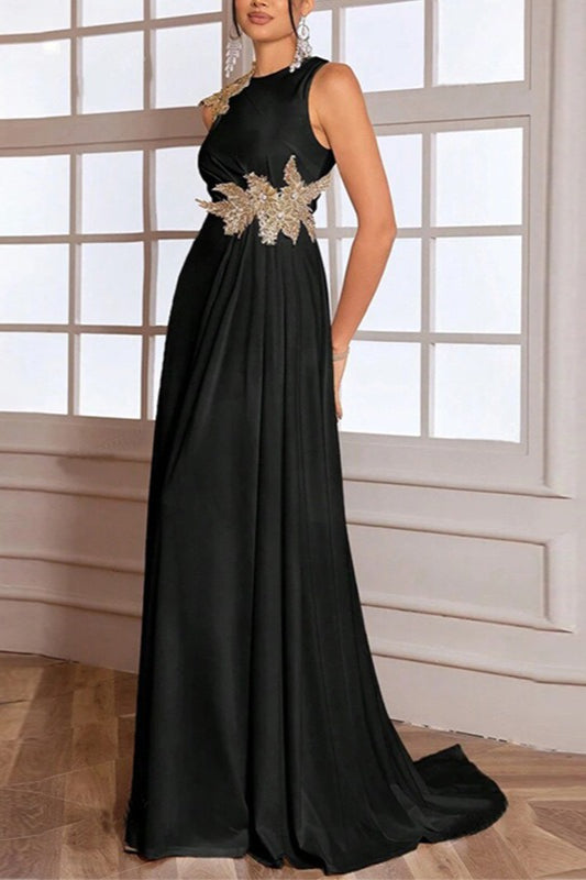 Round Neck Sleeveless Floral Applique High Split Maxi Formal Gown