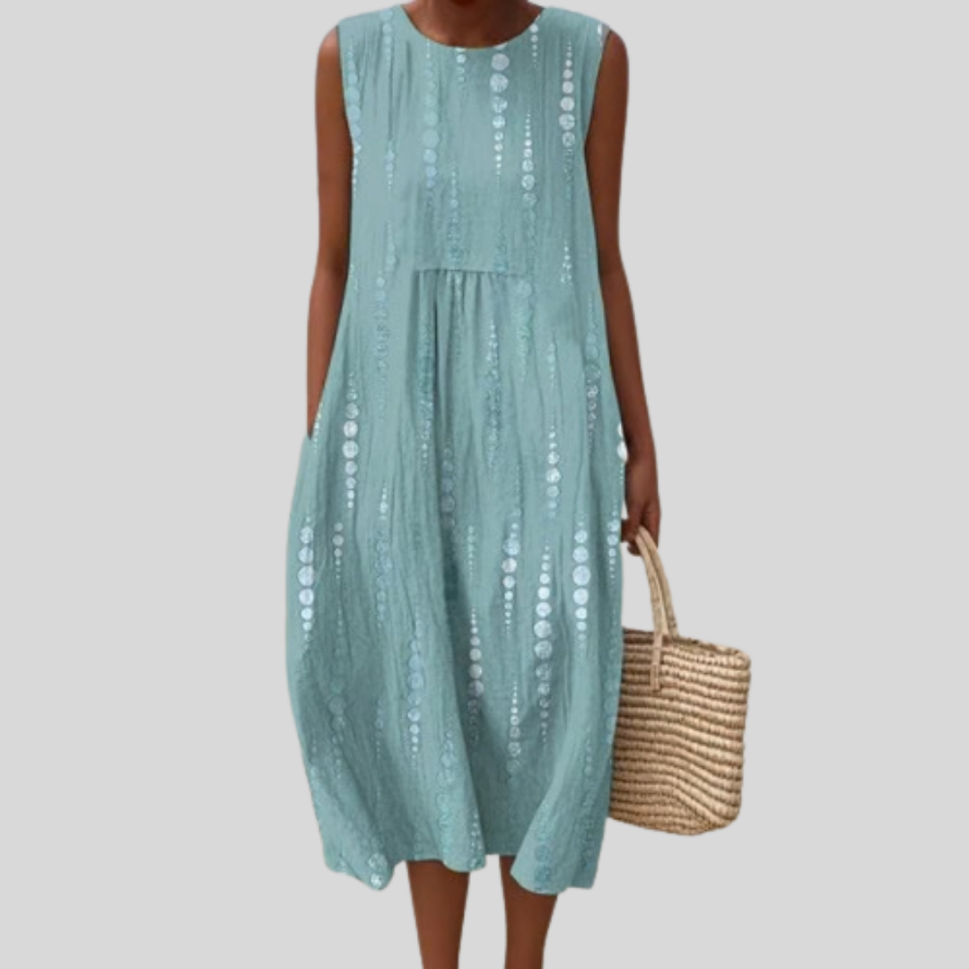 Dotted Stripe Print Sleeveless Pocket Midi Dress