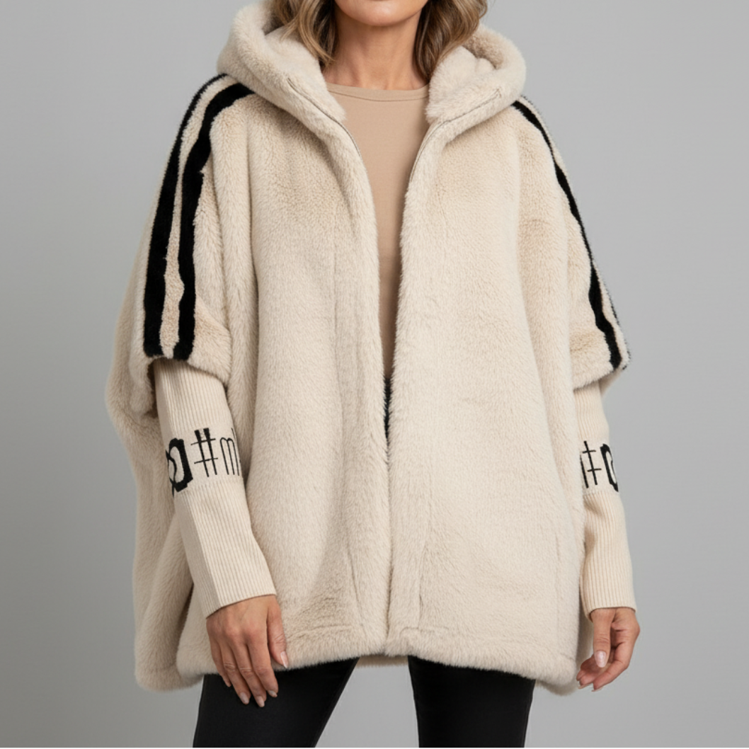 Hooded Faux Fur Zip Front Poncho Jacket