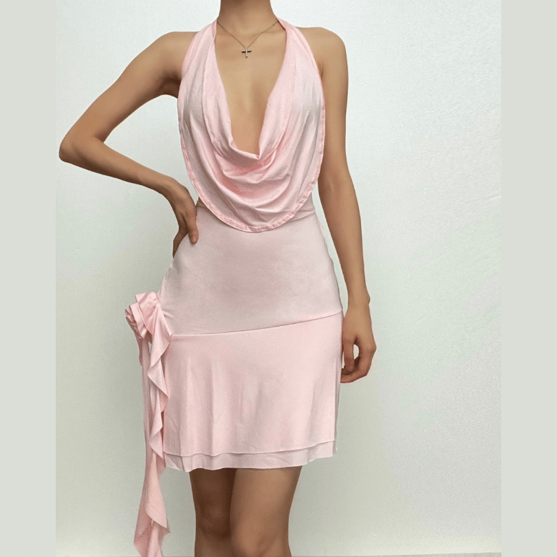 Halter Deep Cowl Neck Backless Ruffle Mini Dress