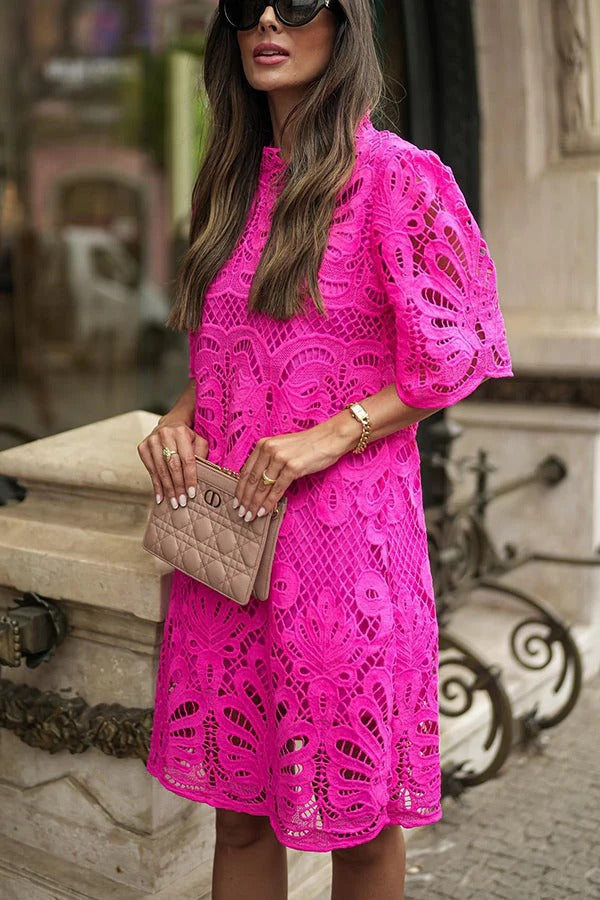 Crochet Lace High Neck Short Sleeve Shift Mini Dress