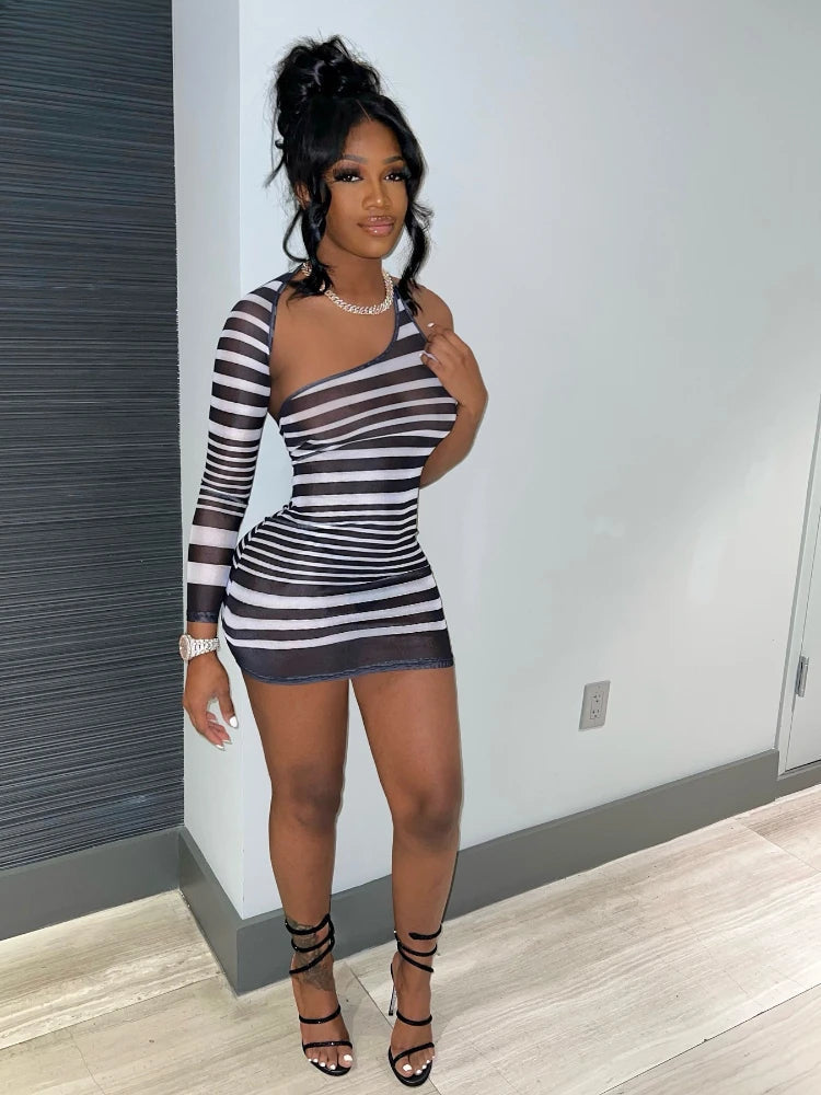 Striped Sheer Mesh One Shoulder Long Sleeve Bodycon Mini Dress