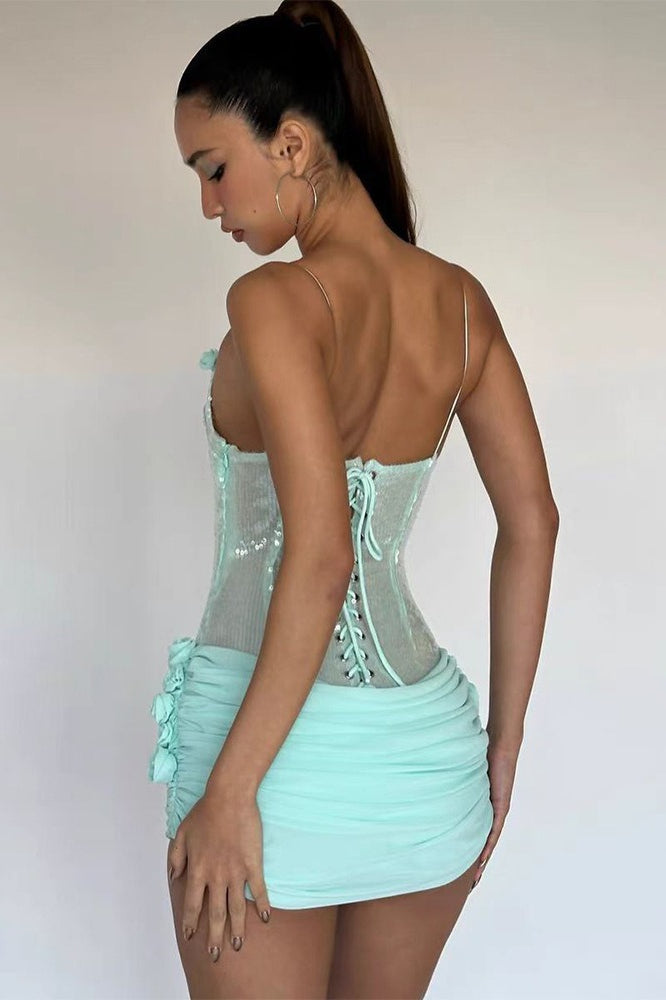 Sequin Scoop Neck Ruched Rosette Bodycon Mini Dress