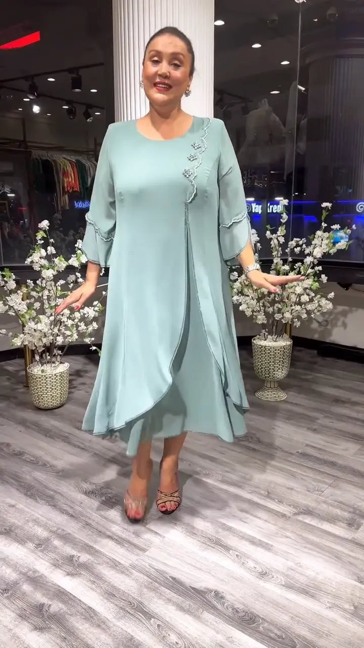 Chiffon Floral Applique Bell Sleeve Asymmetrical Tiered A-Line Midi Dress