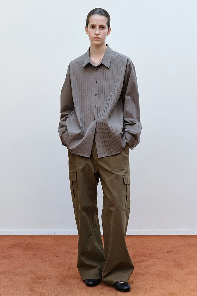 Pintuck Pleated Front Collared Button Up Long Sleeve Shirt 4