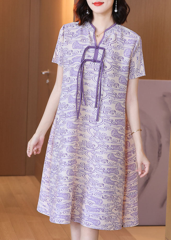 Frog Knot Stand Collar Ribbon Detail Short Sleeve A-Line Dress