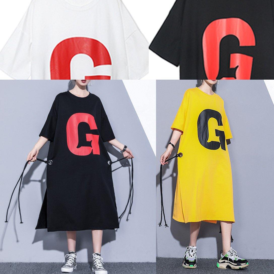 Graphic Letter Oversized Crew Neck Short Sleeve Side Slit Drawstring Midi Dress