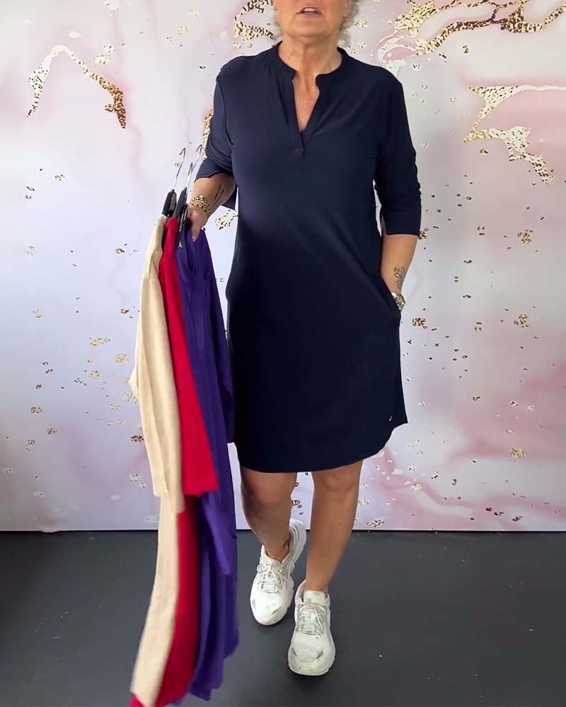 Split Neck Mandarin Collar Elbow Sleeve Pocket Shift Midi Dress