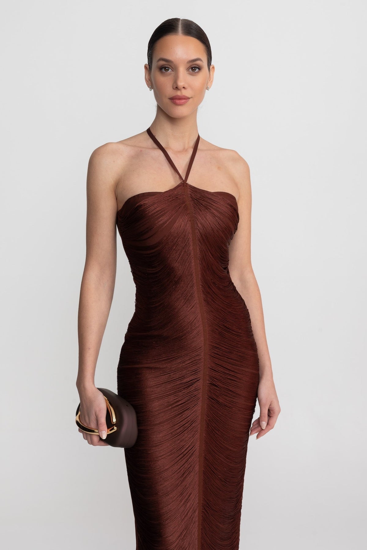 Halter Neck Draped Fringe Strand Bodycon Midi Dress 4
