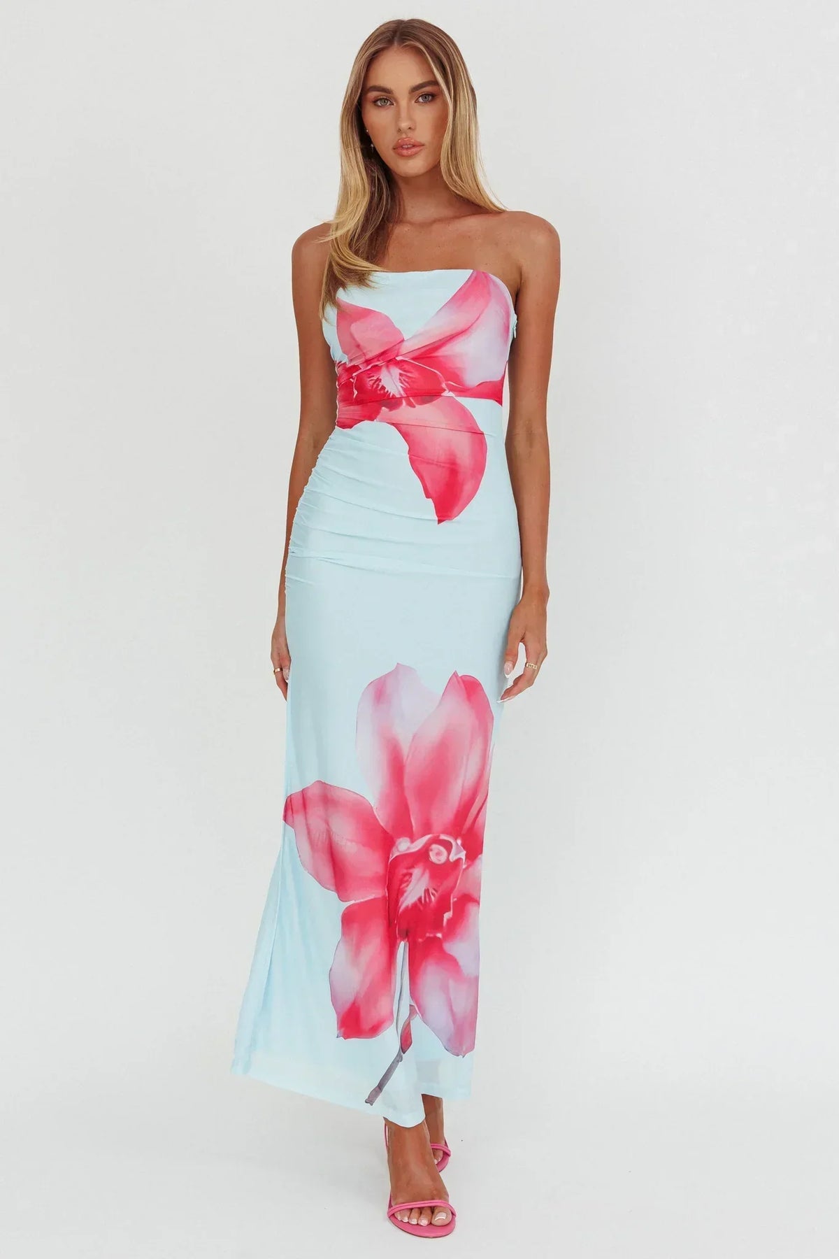 Large Floral Print Strapless Ruched Bodycon Maxi Dress