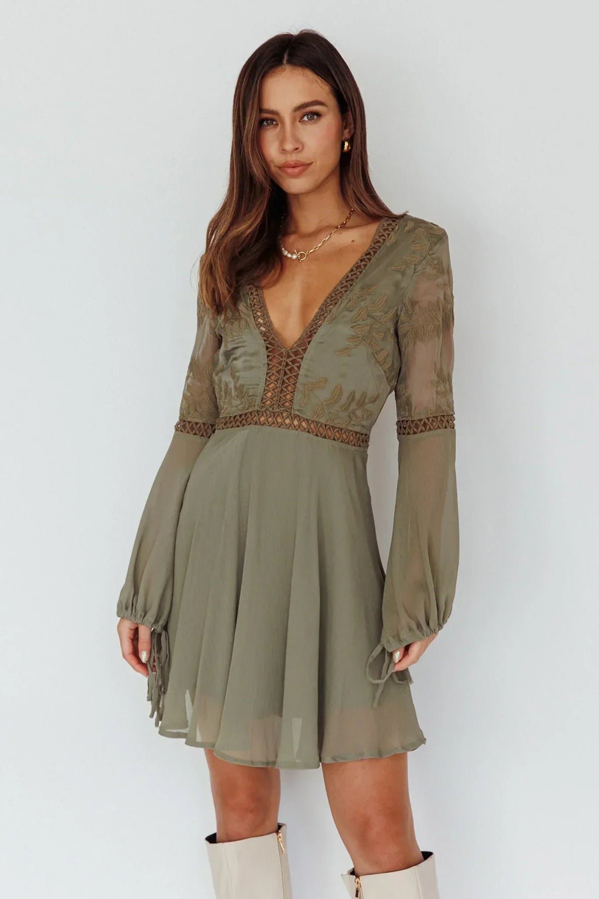 Embroidered Deep V-Neck Crochet Trim Balloon Sleeve Mini Dress