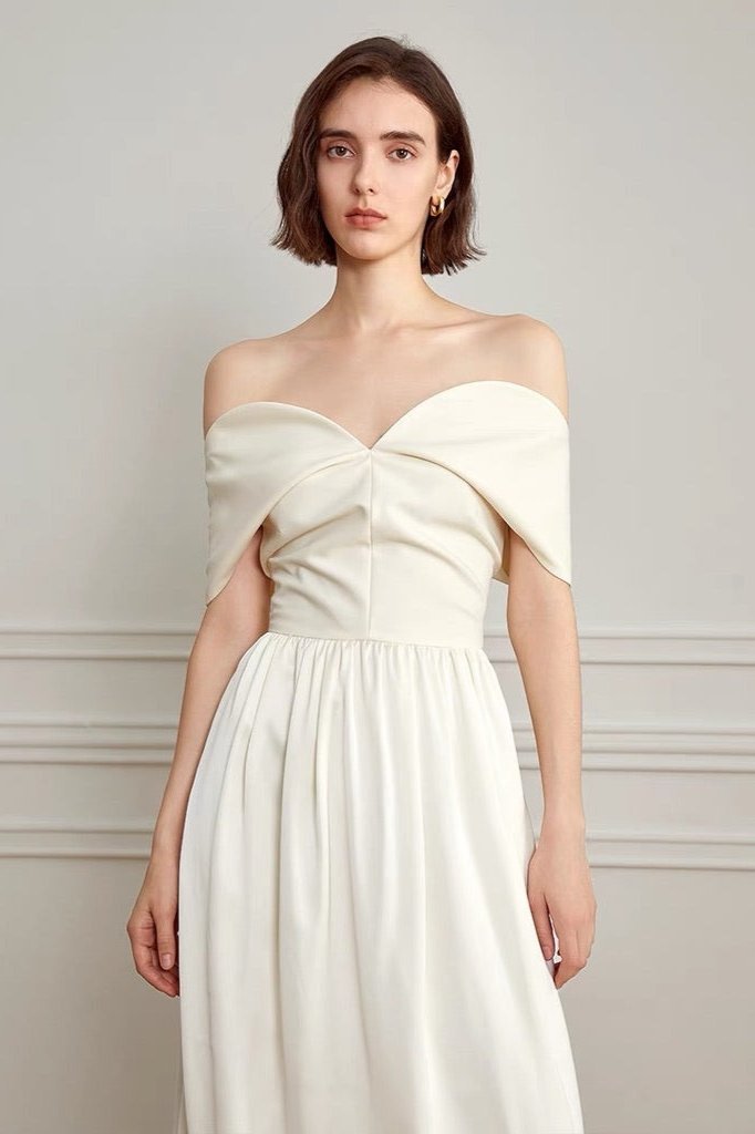 Off Shoulder Wrap Draped Bodice Gathered Waist Maxi Gown
