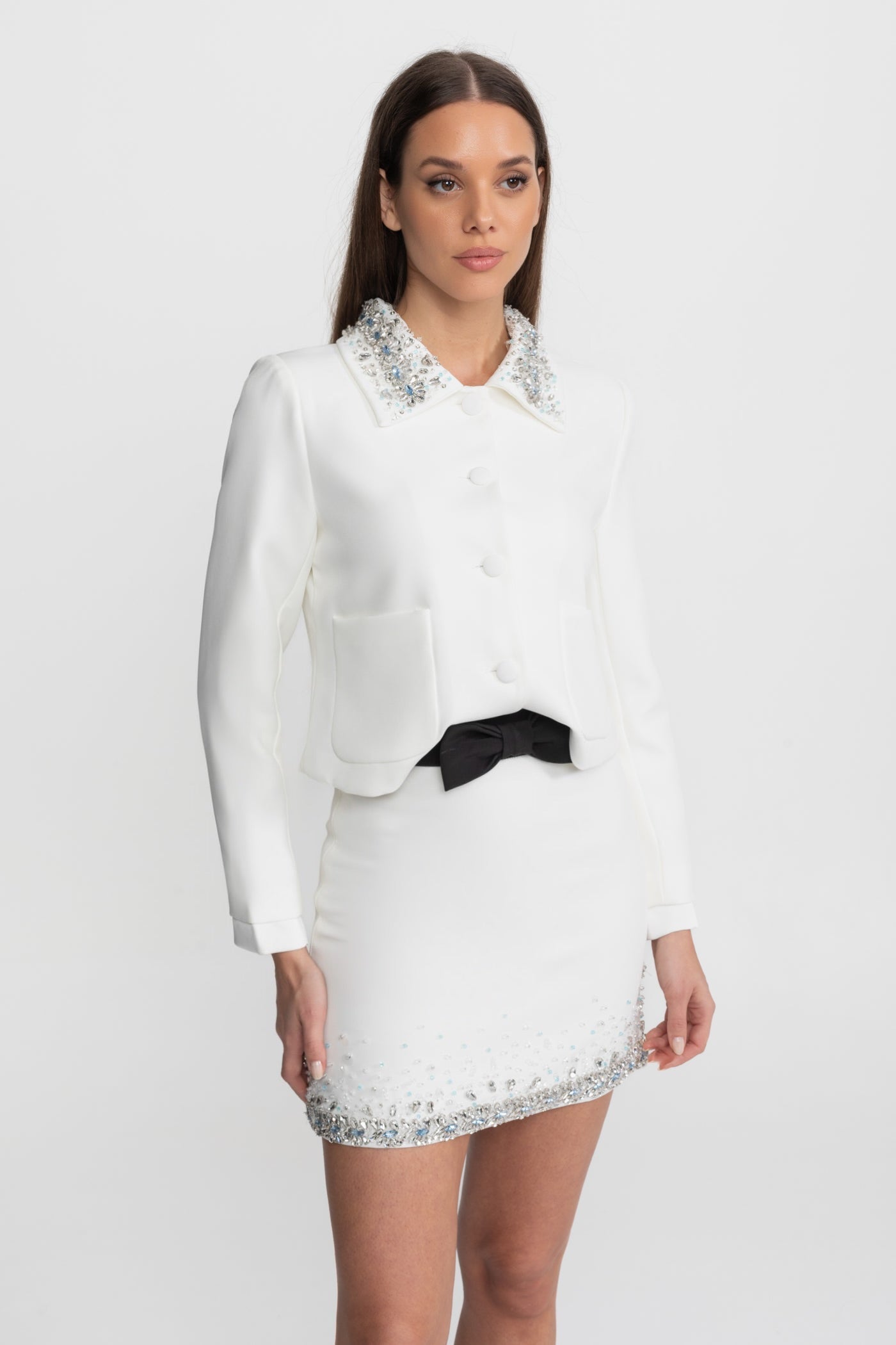 Mini Skirt with Crystal Embellished Hem – White