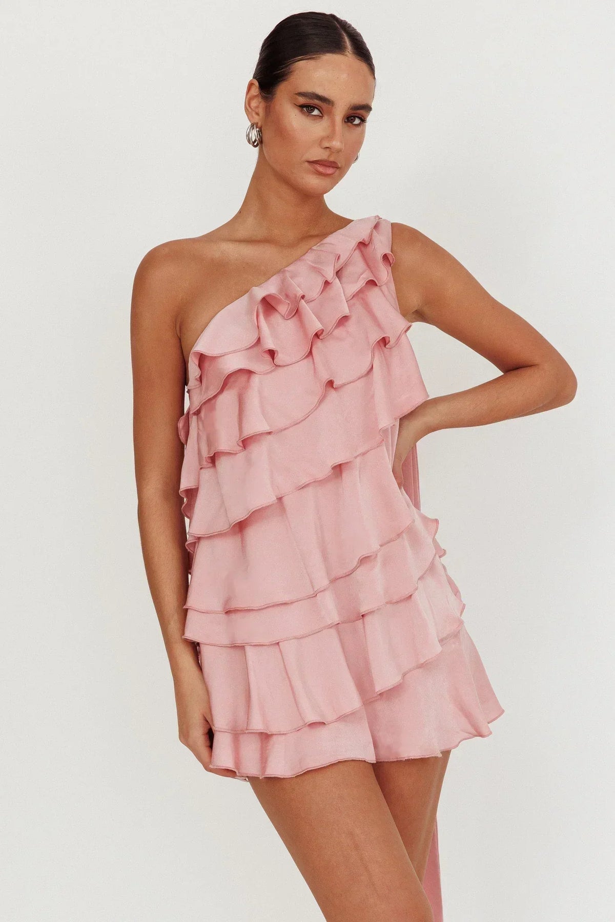 One Shoulder Tiered Ruffle Sash Mini Dress 5