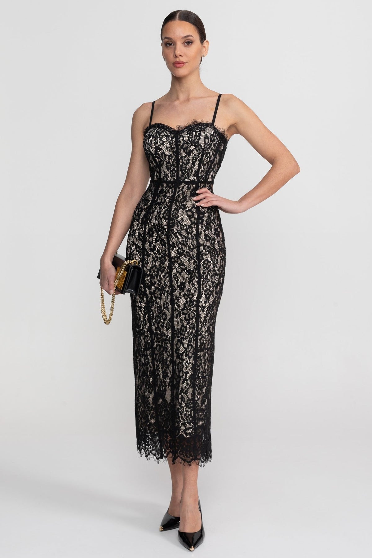 Lace Sweetheart Neck Spaghetti Strap Corset Bodice Scalloped Hem Midi Dress 5