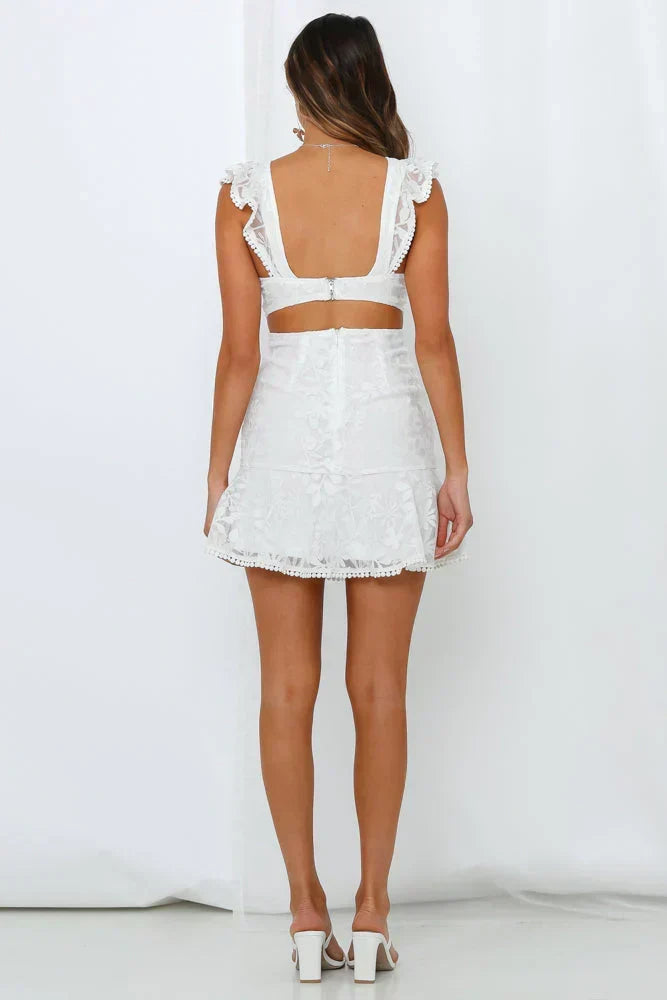 Lace Ruffle Sleeve Side Cut Out Crochet Trim Mini Dress 6