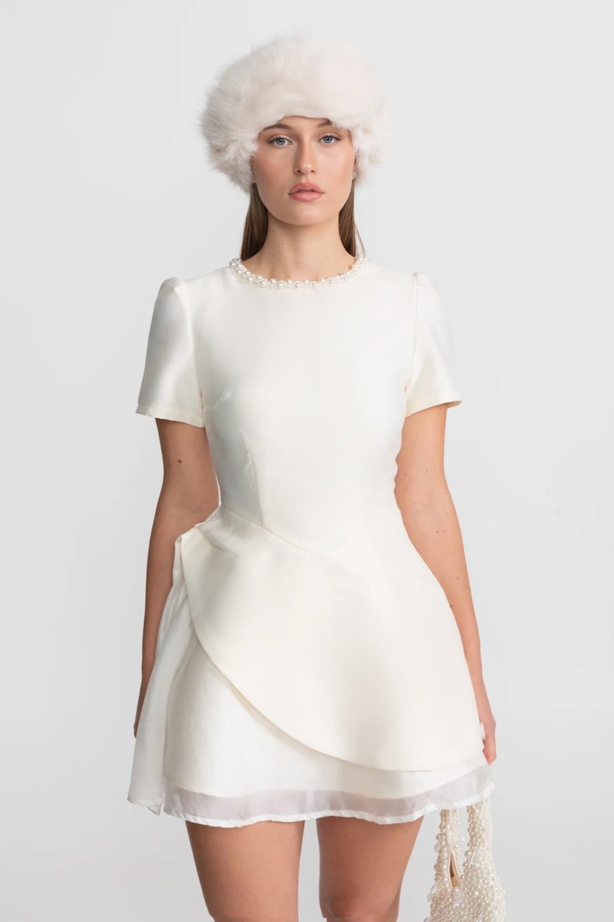 Faux Pearl Neckline Short Sleeve Layered Tulip Skirt Satin Mini Dress
