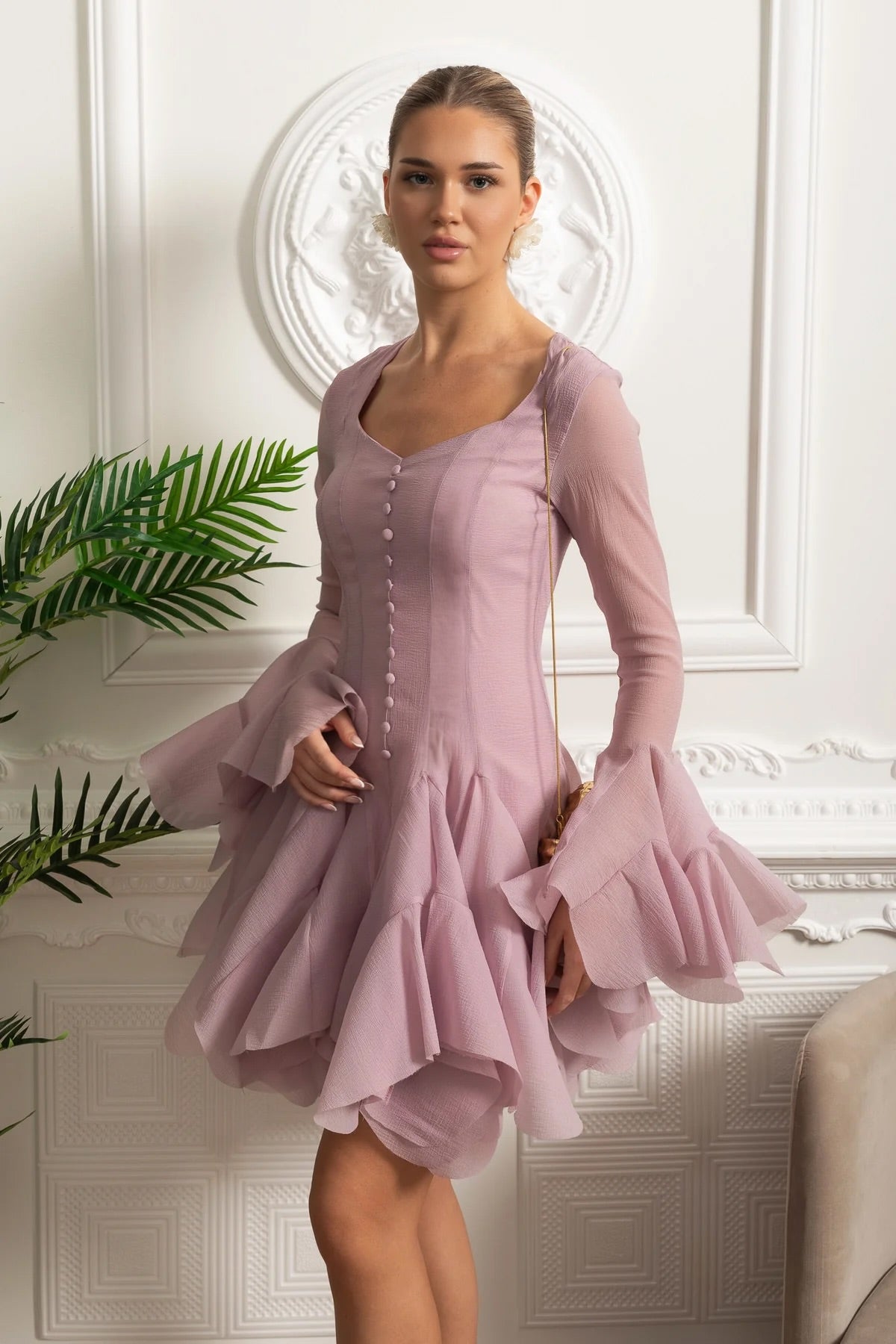 Sweetheart Neck Sheer Flared Long Sleeve Button Front Ruffle Hem Mini Dress