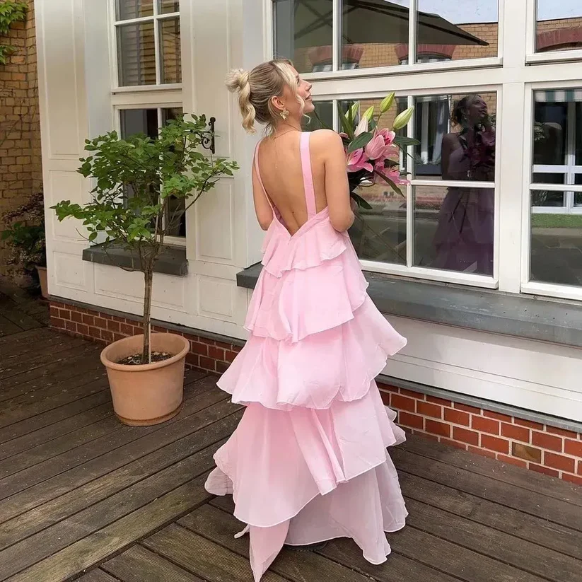 Women's Pink A-line Tiered Prom Dress,Pink Backless Evening Dress cc1207