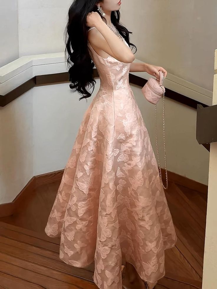 Chic Spaghetti Straps Pink Satin Print Prom Dress Evening Party Dress cc1885