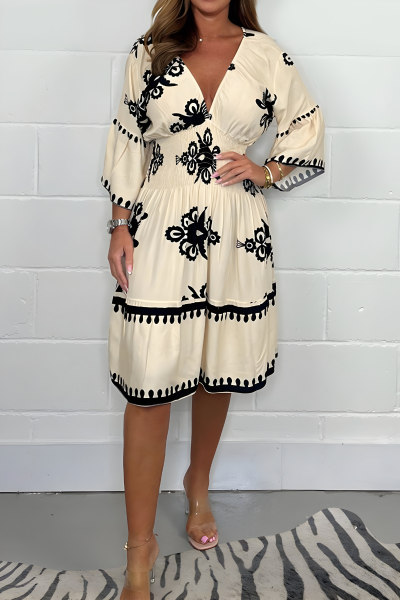 Folk Floral Print V-Neck Three Quarter Sleeve Tiered Midi Dress