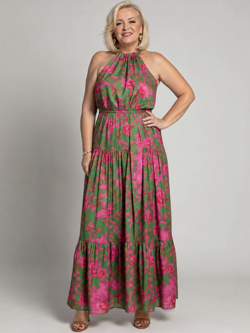 Floral Print Halter Neck Tiered Maxi Dress