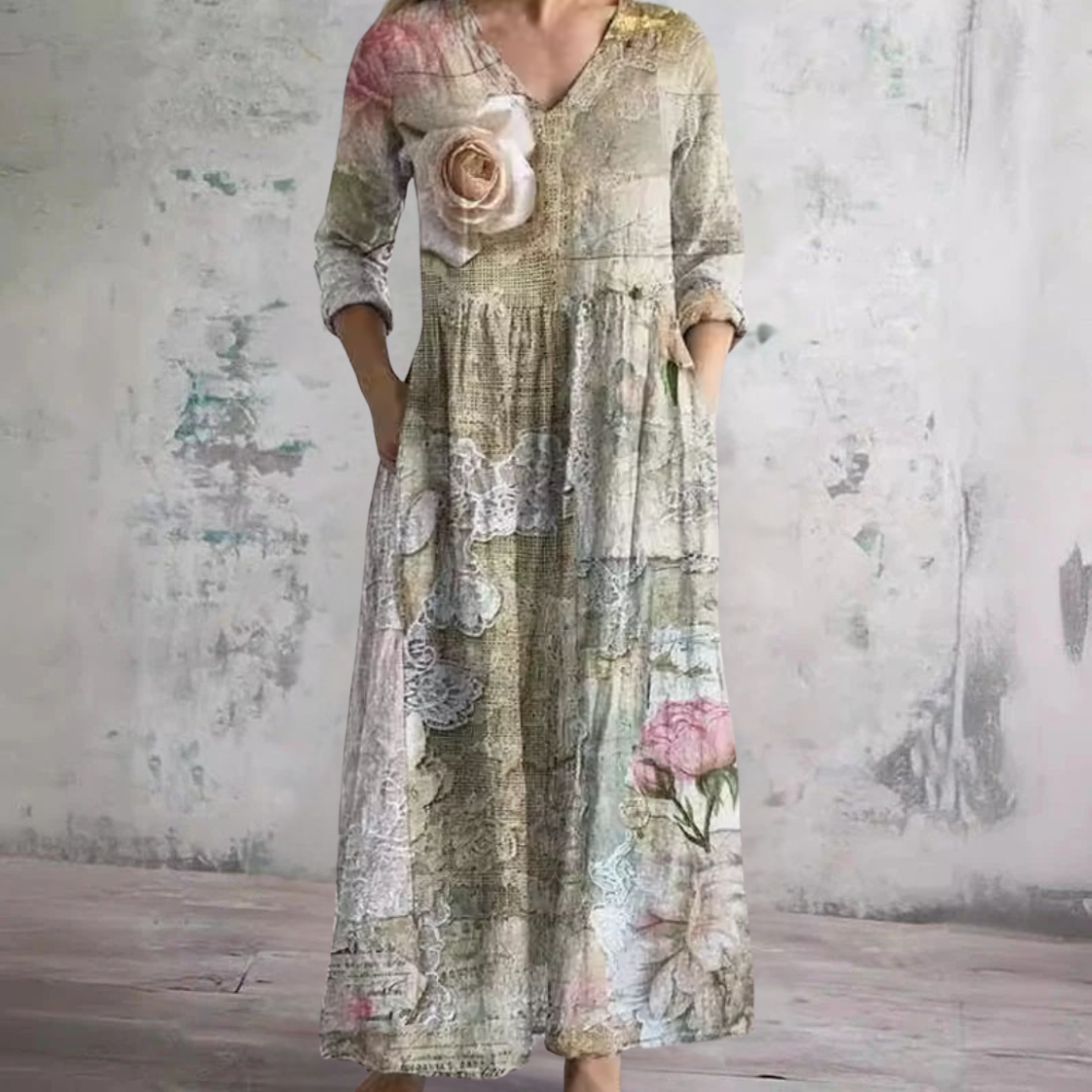 Floral Print V-Neck 3/4 Sleeve Rosette Tiered Maxi Dress