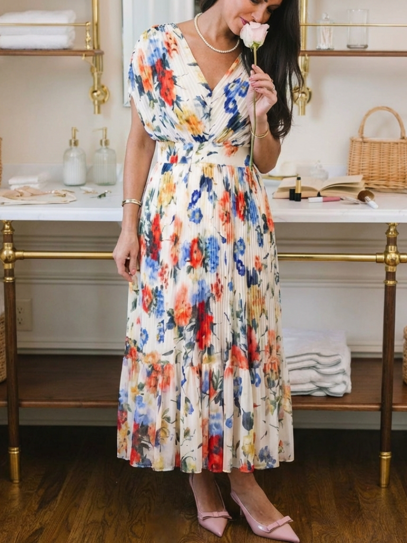 Watercolor Floral V-Neck Pleated Maxi Dress