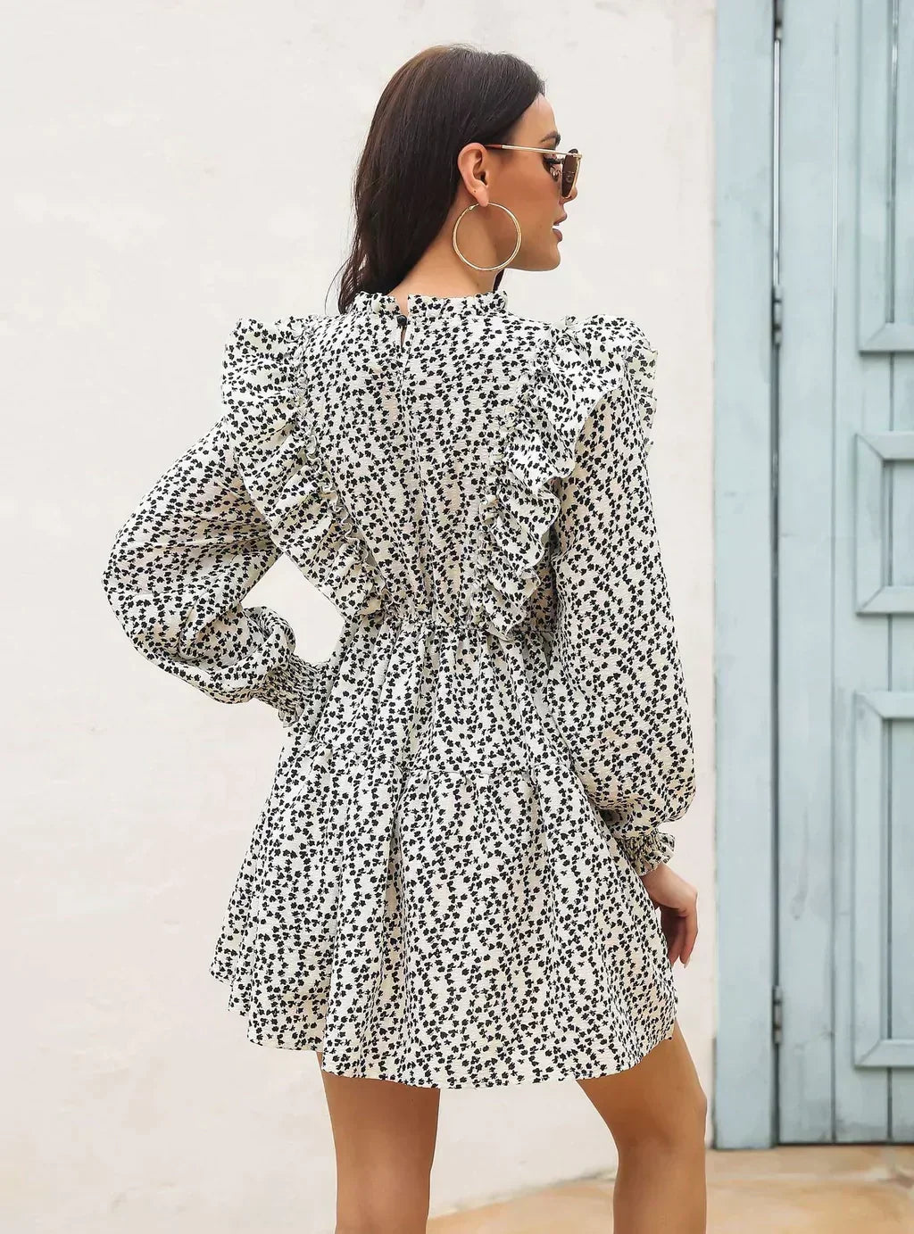 Ditsy Print Frill Neck Long Sleeve Ruffle Trim Tiered Mini Dress 3