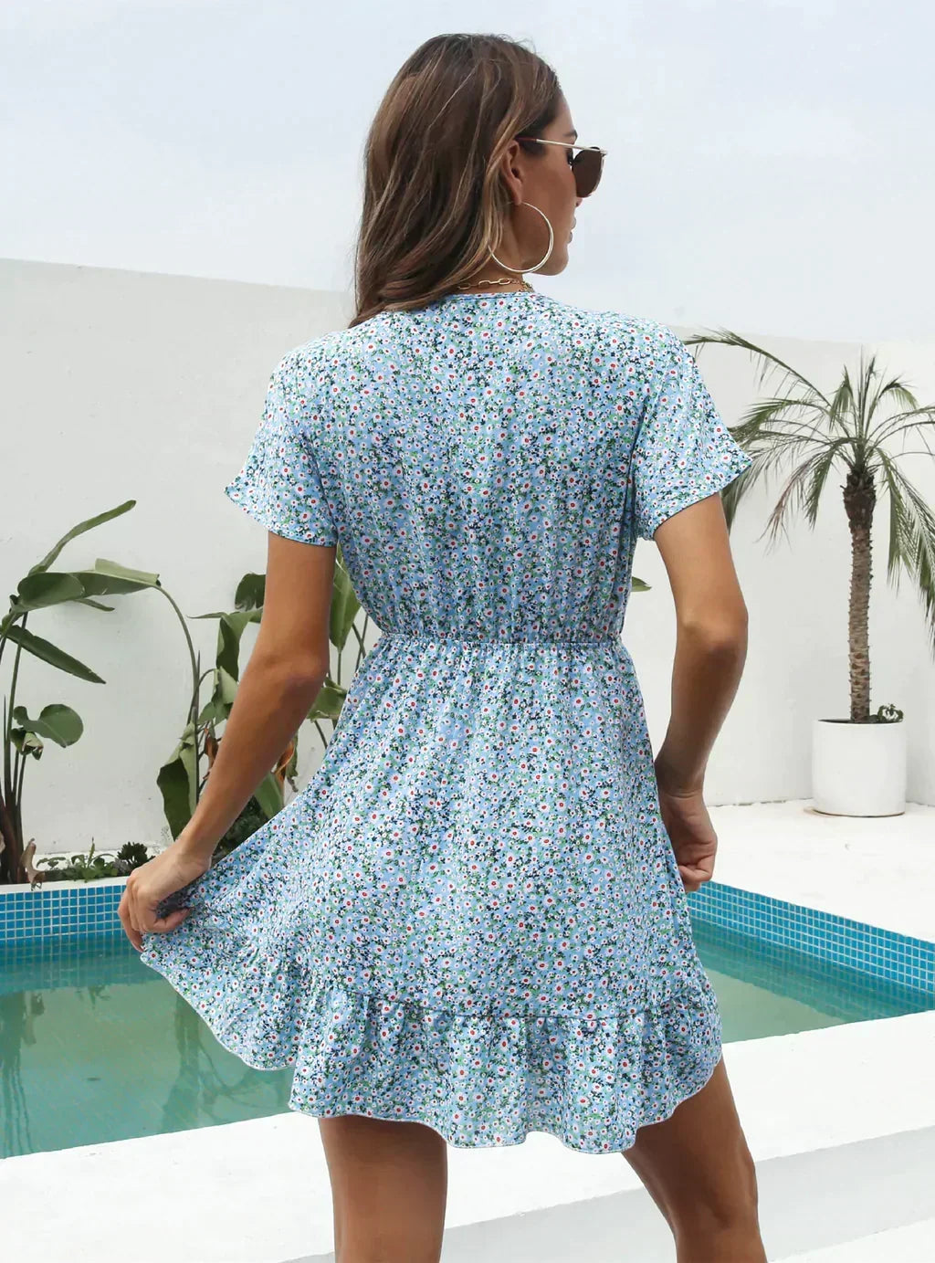 Ditsy Floral Deep V-Neck Tie Front Short Sleeve Ruffle Hem Mini Dress 7
