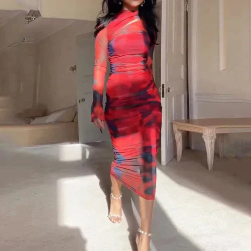 Ruched Mock Neck Long Sleeve Abstract Print Bodycon Midi Dress