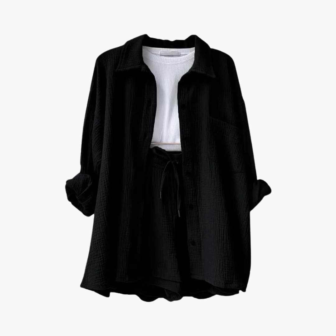 Button Front Shirt and Drawstring Shorts Two Piece Set