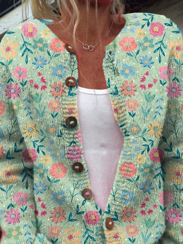 Floral Print Round Neck Button Front Knit Cardigan
