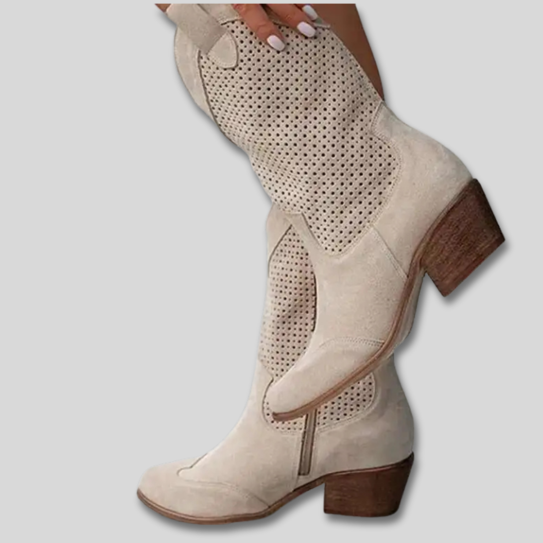 Perforated Suede Look Block Heel Western Mid Calf Boots
