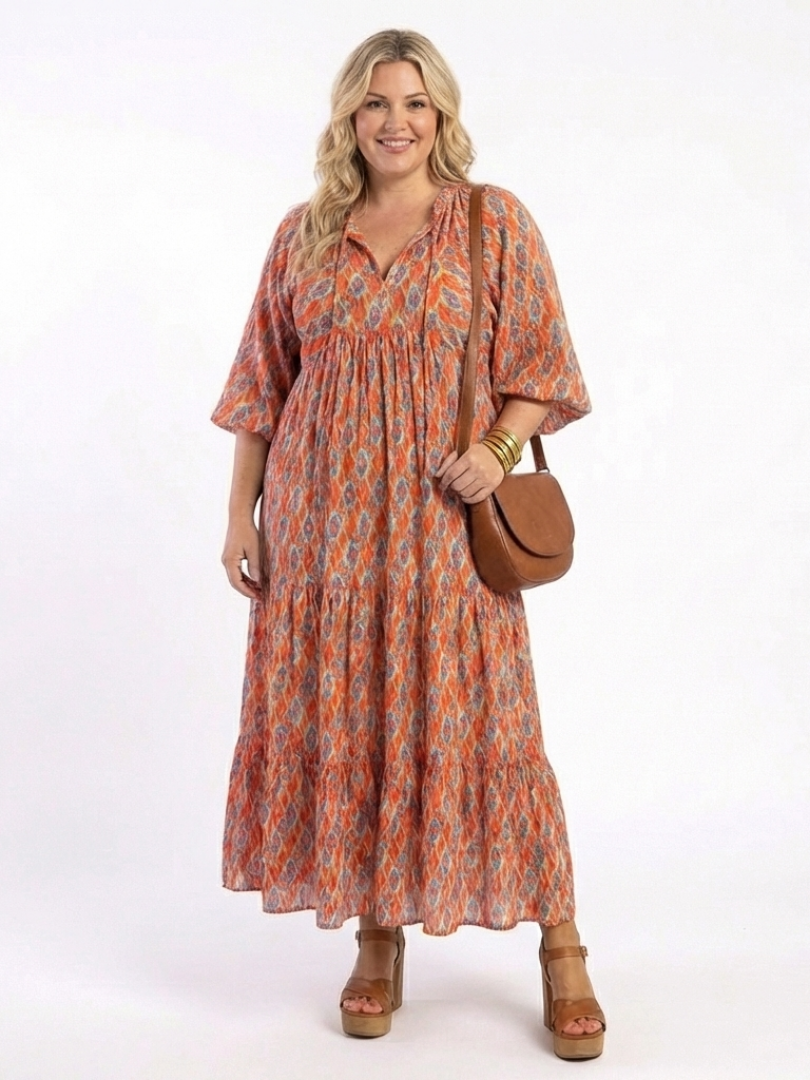 Ikat Print V-Neck Puff Sleeve Tiered Maxi Dress