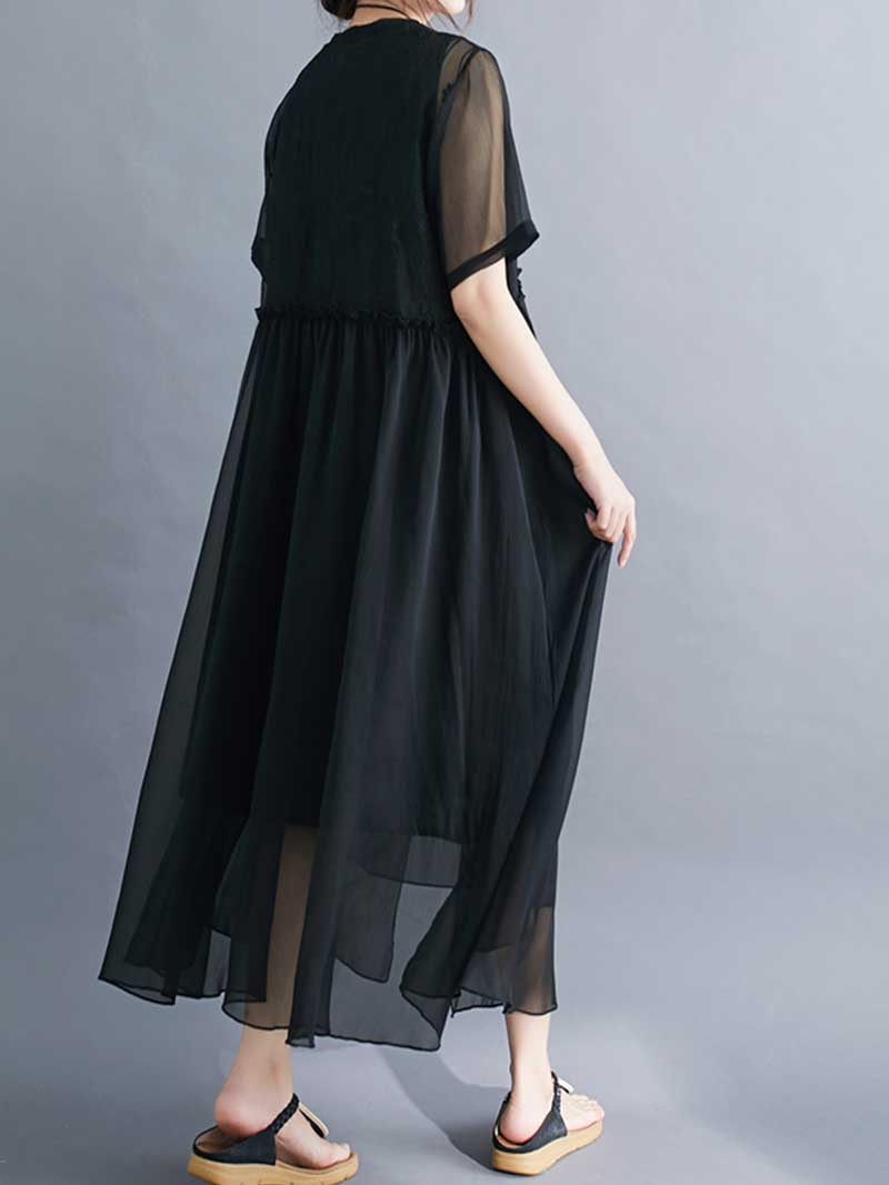 Lace Bodice Sheer Overlay Empire Waist Handkerchief Hem Midi Dress