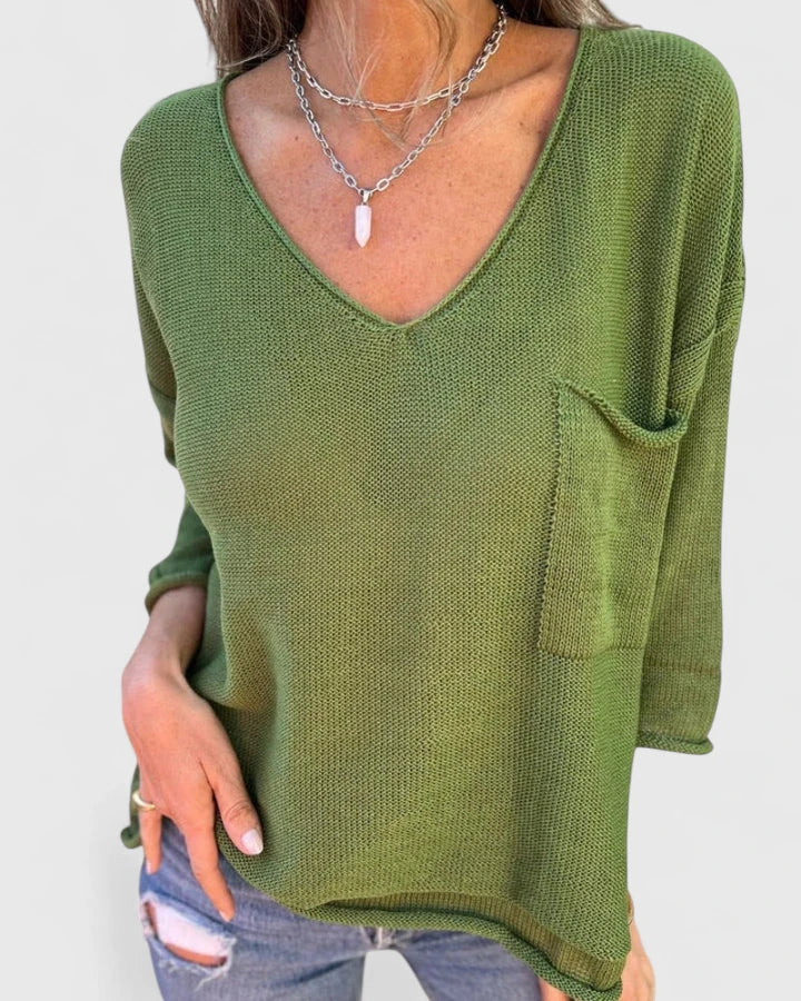 V-Neck Long Sleeve Pocket Loose Knit Sweater